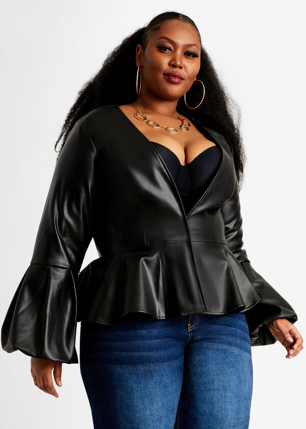 Plus Size Faux Leather Peplum Puff Flare Sleeve Lined Snap Jacket