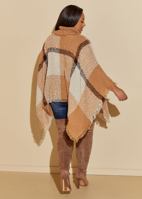 Plaid Turtleneck Bouclé Poncho, Camel Taupe image number 1