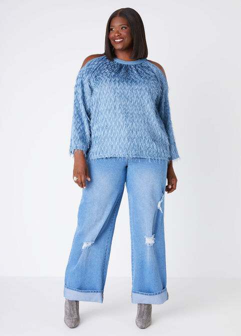 Fringed Cold Shoulder Blouse, Blue image number 3