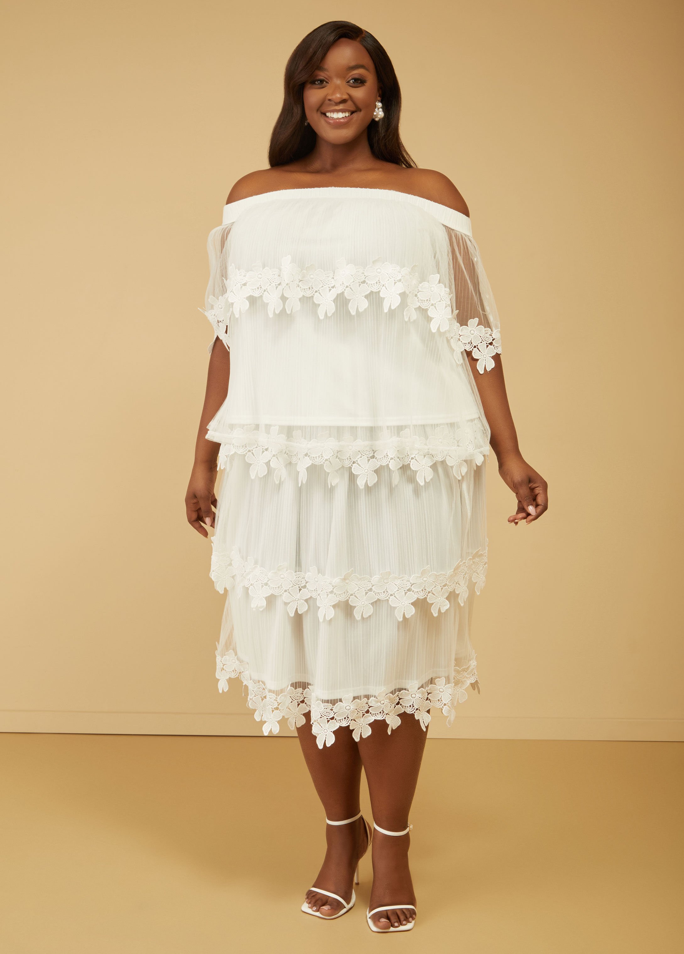 Appliqued Tiered Tulle Midi Skirt