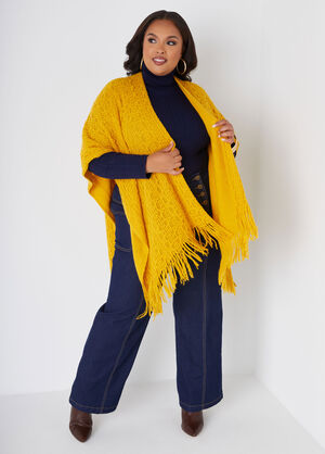 Fringed Open Knit Ruana, Nugget Gold image number 0