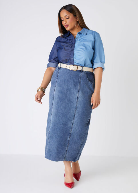 Ruched Two Tone Chambray Shirt, Denim image number 0