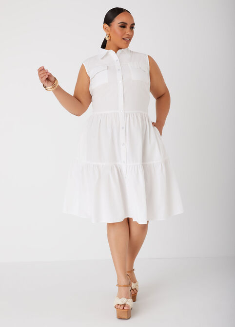 Flounced Cotton Shirtdress, White image number 3