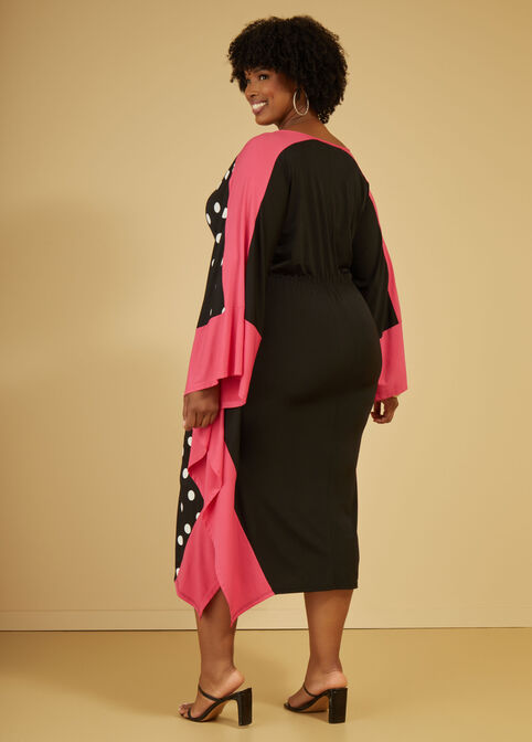 Polka Dot Split Front Kaftan Dress, Black White image number 1