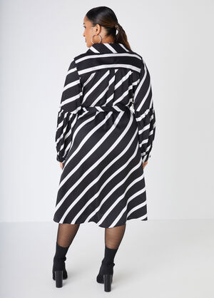 Belted Striped Midaxi Shirtdress, Black White image number 1