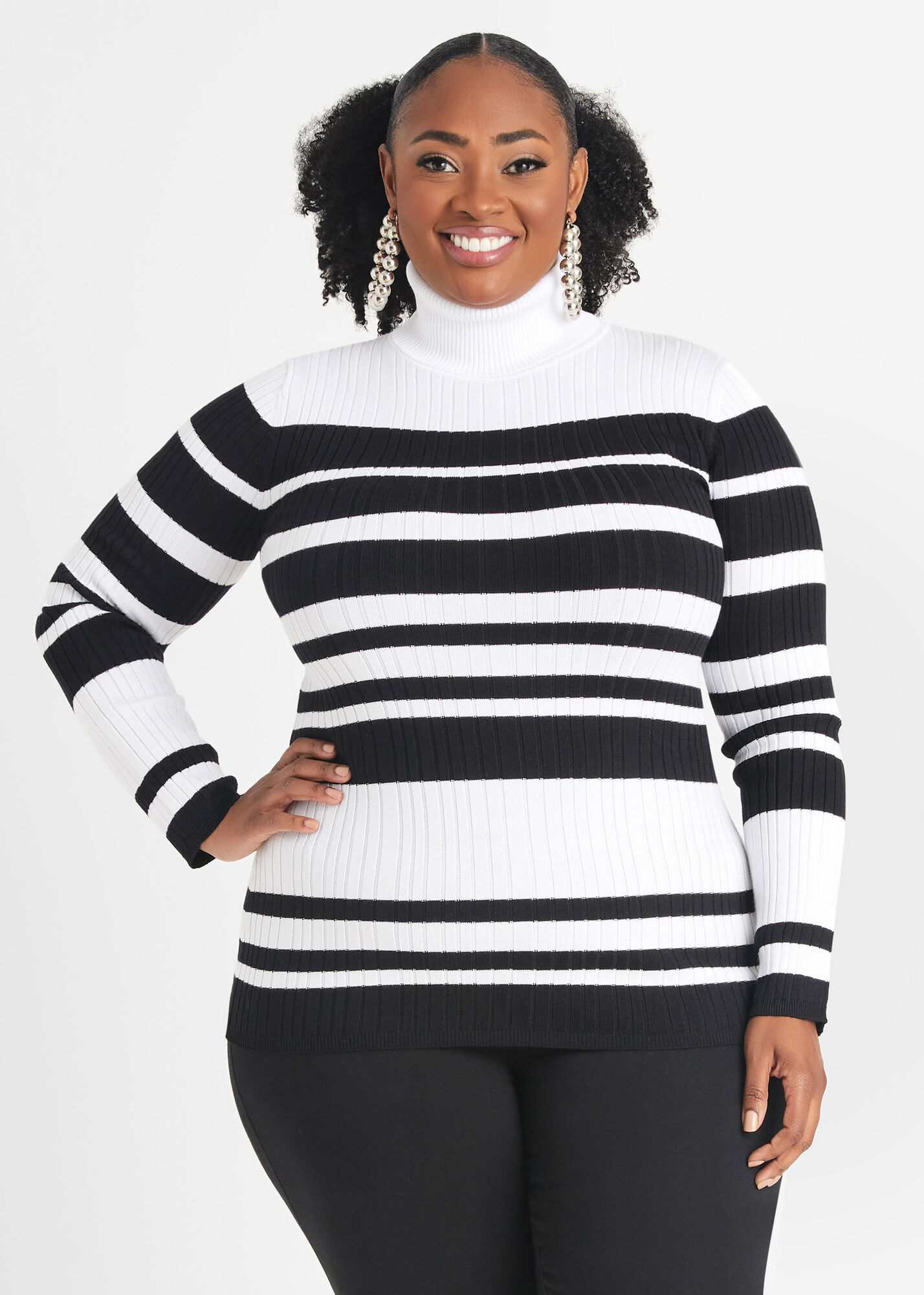 Plus Size Classic Stretch Ribbed Knit Stripe Fitted Turtleneck Sweater