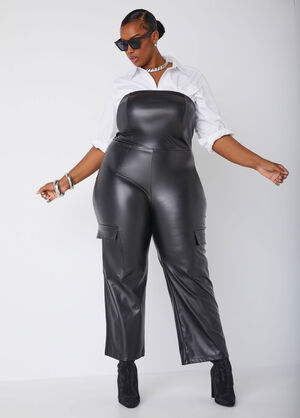 Strapless Faux Leather Jumpsuit, Black image number 0