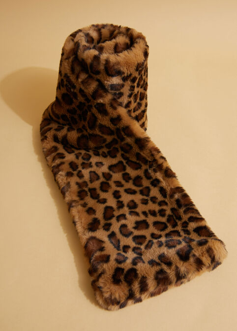 Leopard Print Faux Mink Scarf, Brown Animal image number 1