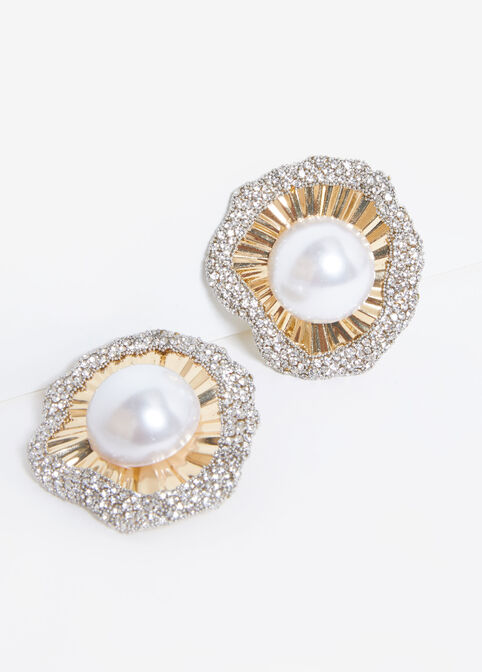 Faux Pearl And Crystal Earrings, Gold image number 1