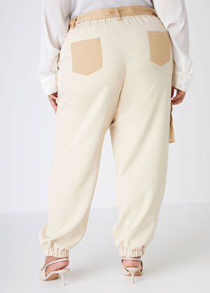 Belted Two Tone Cargo Joggers, Beige Khaki image number 1