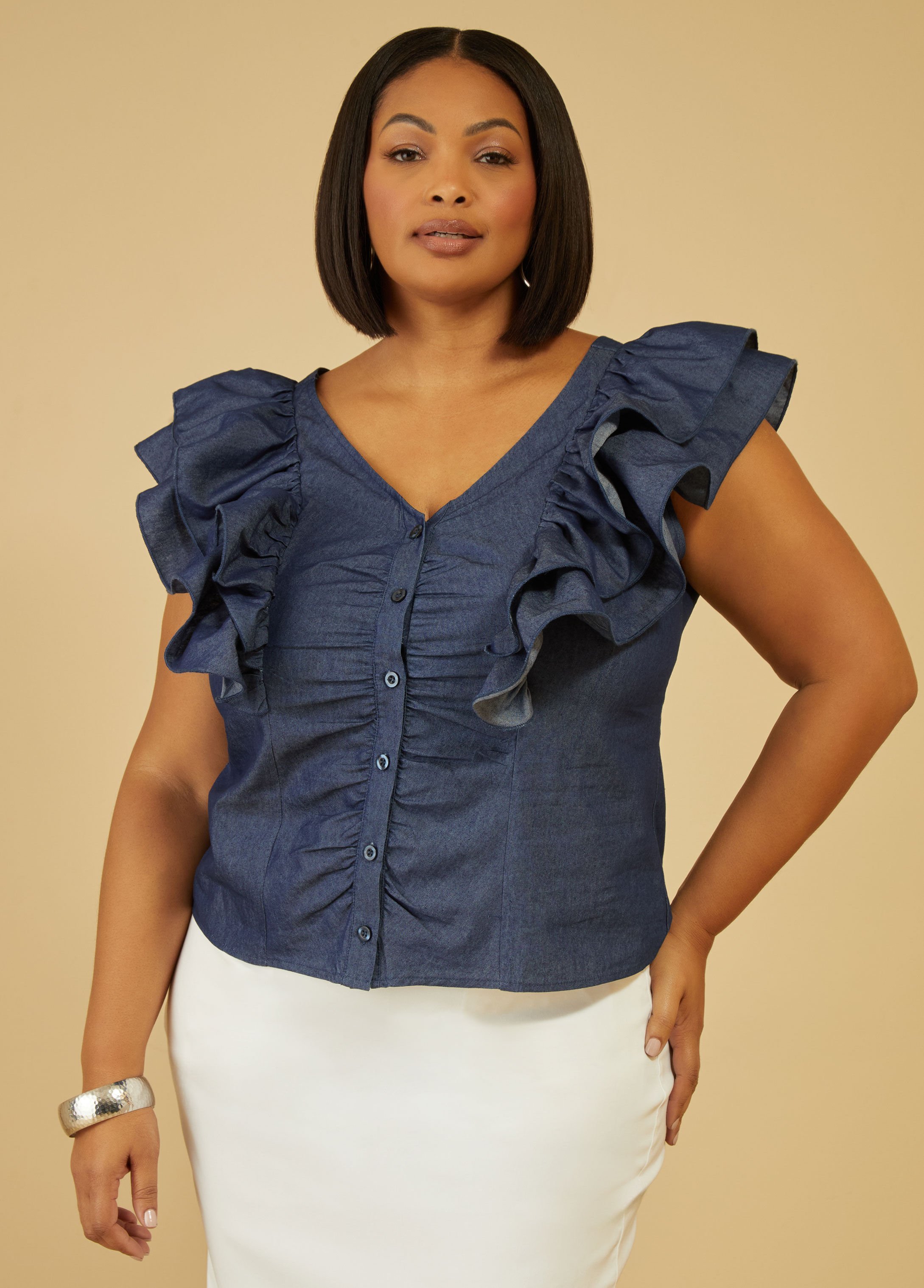 Ruffle Sleeved Chambray Shirt