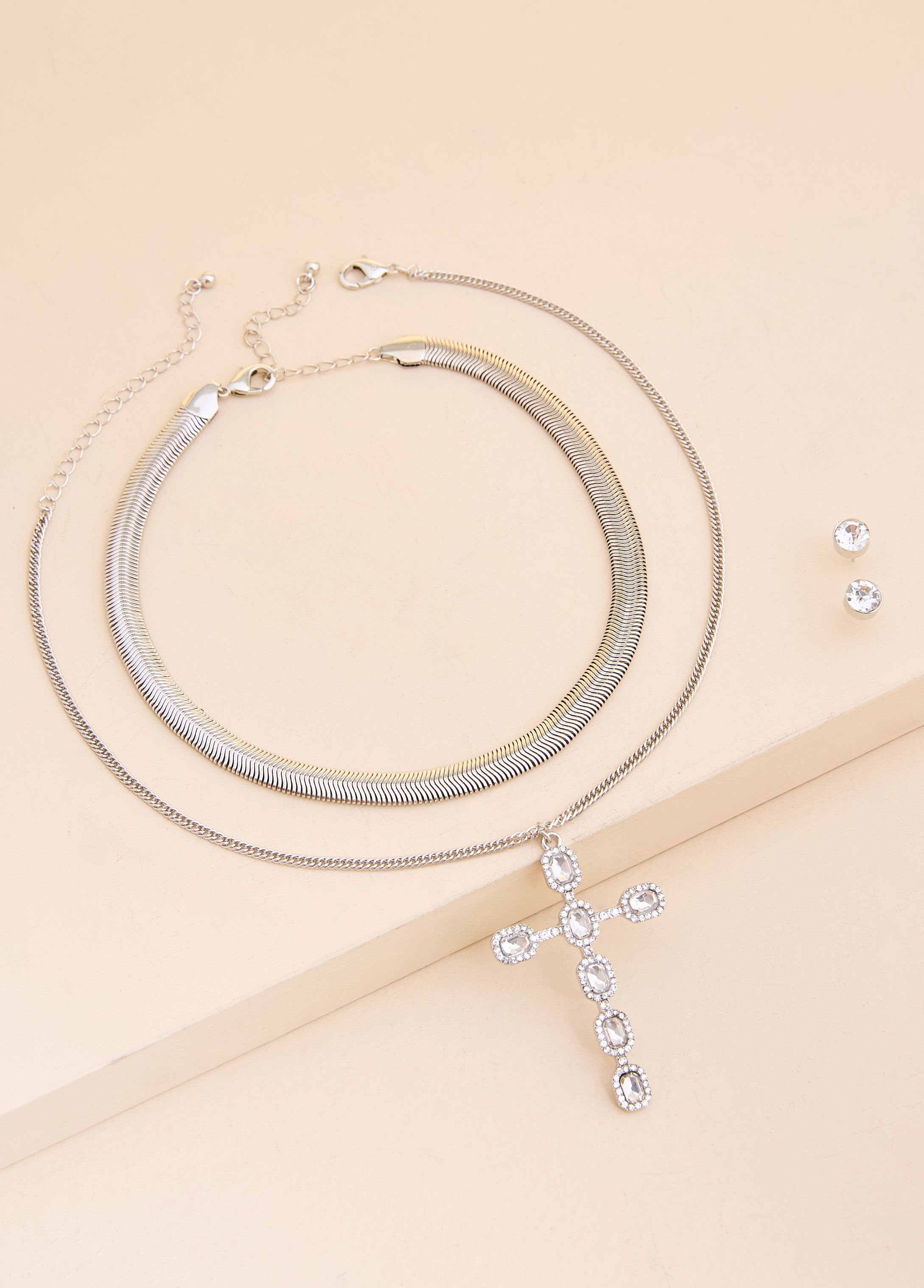 Silver Tone Cross Necklace Set