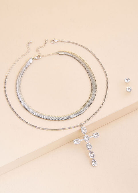 Silver Tone Cross Necklace Set, Silver image number 1