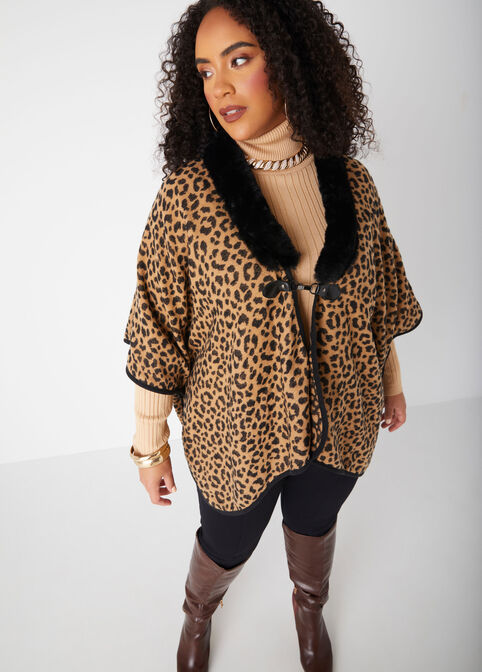 Faux Fur Trimmed Animal Ruana, Brown Animal image number 2