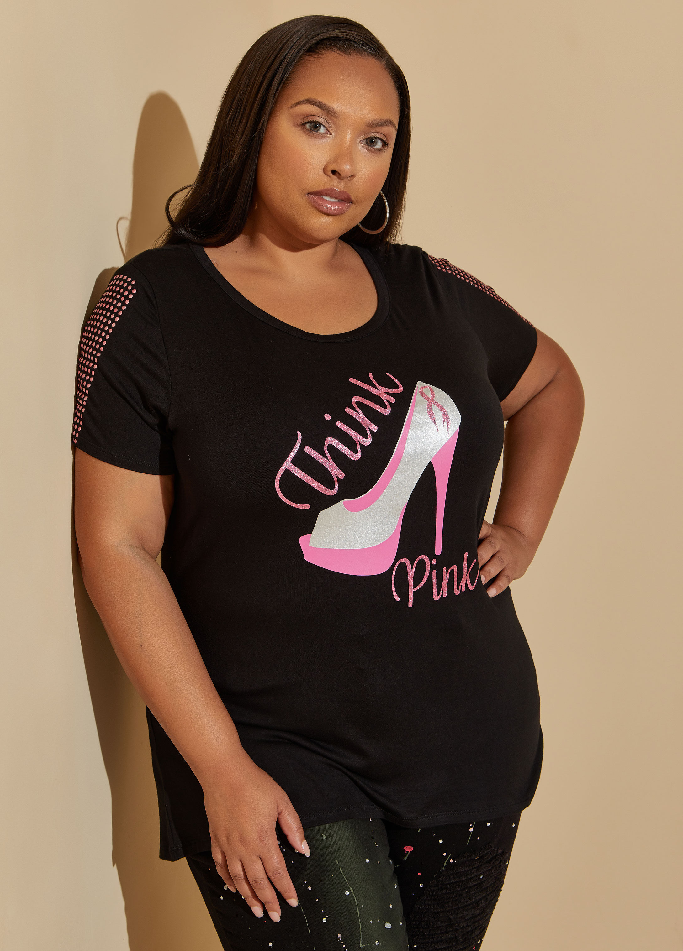 Plus Size Breast Cancer Black Rhinestone Think Pink High Heel Tee