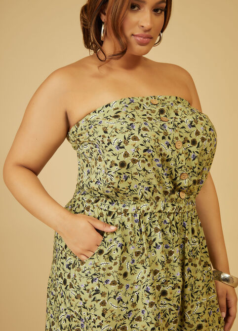 Floral Print Strapless Romper, Light Pastel Green image number 2