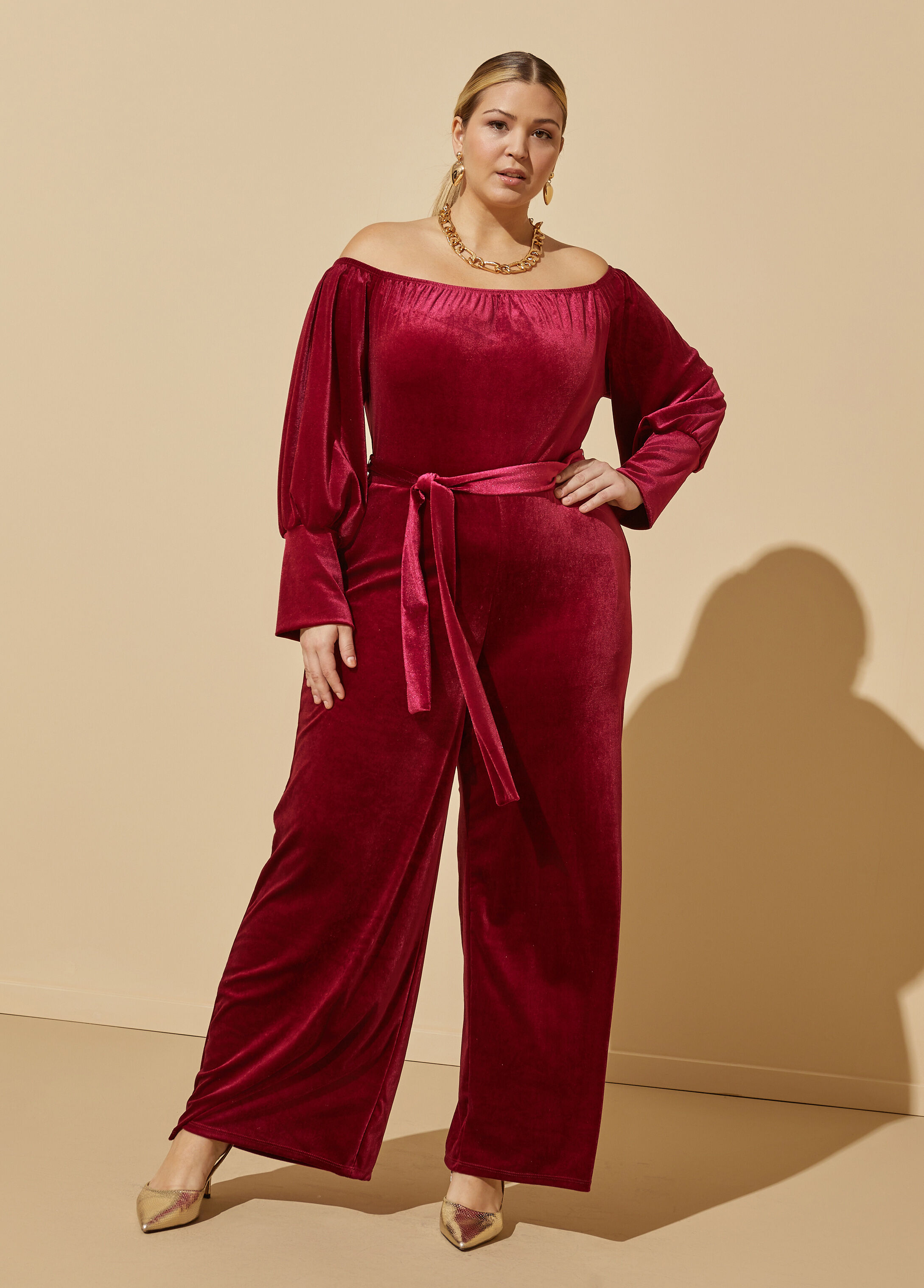 Off the sale shoulder velour jumpsuit