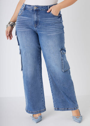 Mid Rise Cargo Jeans, Medium Blue image number 0