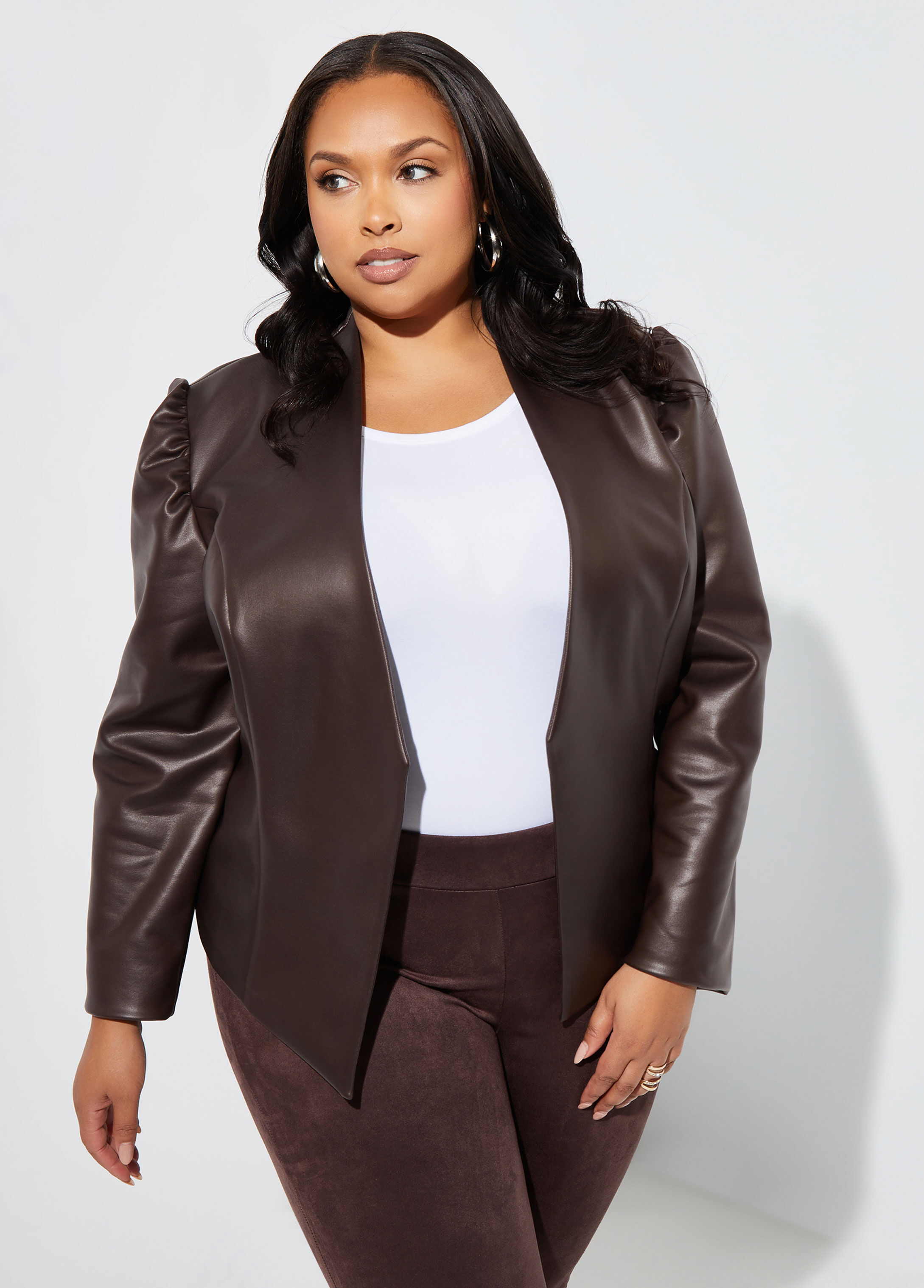 Plus Size Faux Leather Crop Puff Sleeve Open Front Blazer Jacket