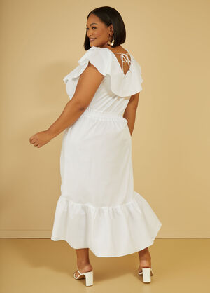 Ruffled Cotton Blend Midi Dress, White image number 1