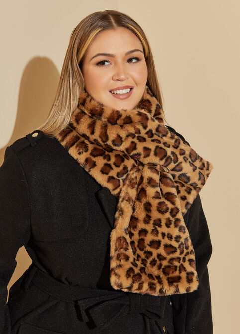 Leopard Print Faux Mink Scarf, Brown Animal image number 0