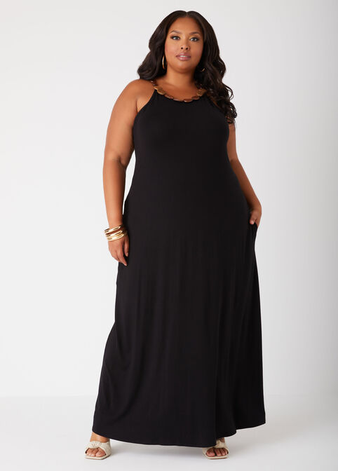 Wood Bead Embellished Maxi Dress, Black image number 0