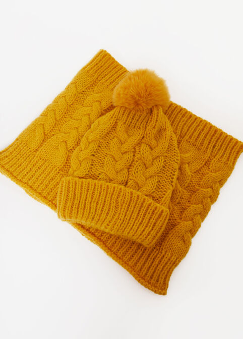 Pom Pom Scarf & Hat Gift Set, Nugget Gold image number 1