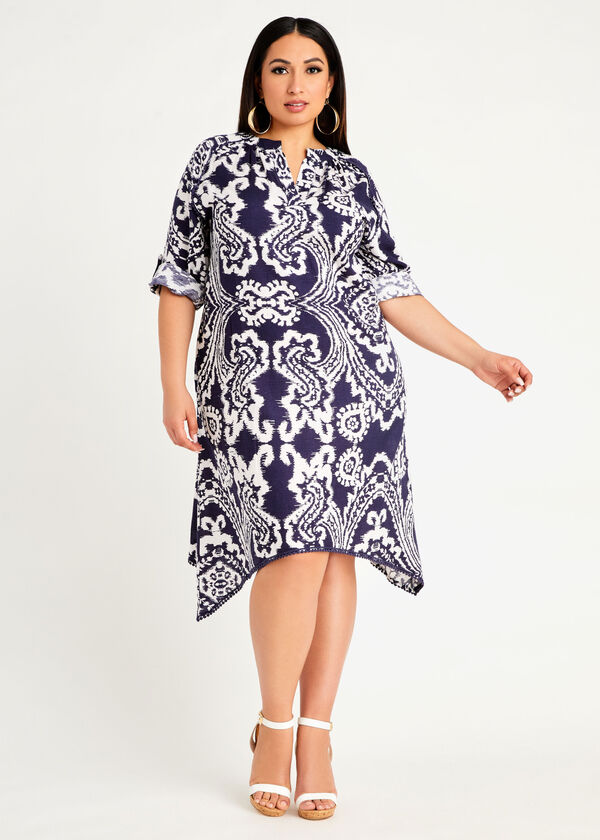 Plus Size Paisley Cotton Shift Split Neck Asymmetric Midi Dress
