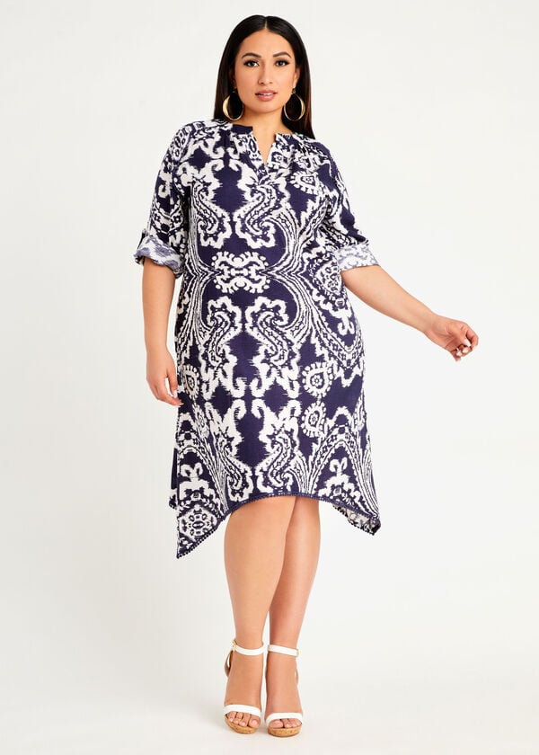 Plus Size Paisley Cotton Shift Split Neck Asymmetric Midi Dress