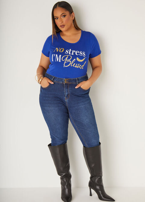 No Stress Glittered Graphic Tee, Royal Blue image number 2