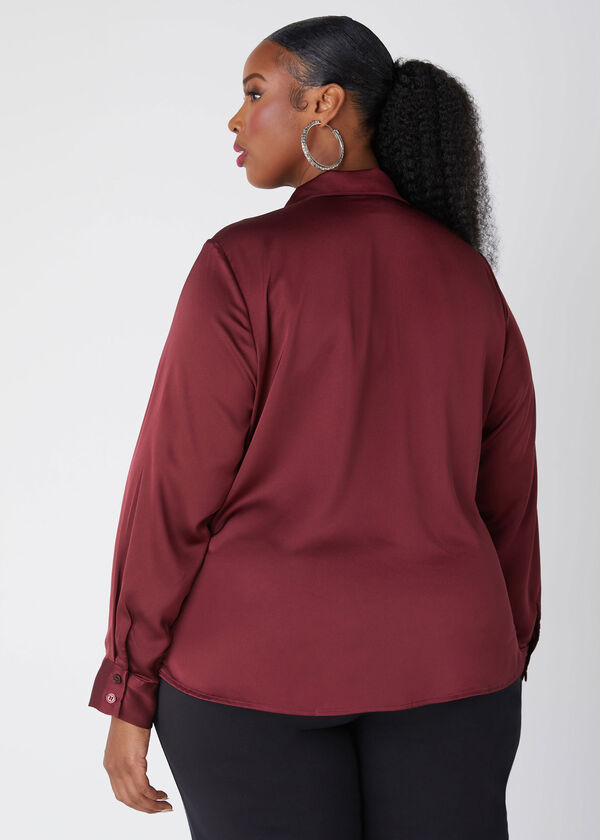 Ruched Front Satin Shirt, Tawny Port image number 1