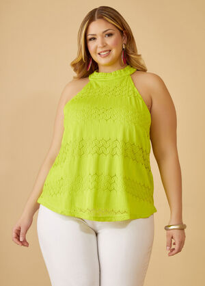Crocheted High Collar Top, LIME PUNCH image number 0