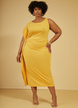 Ruched One Shoulder Midaxi Dress, Mustard image number 0