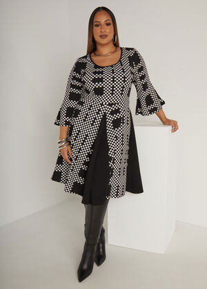 Checked Textured A Line Dress, Black White image number 0