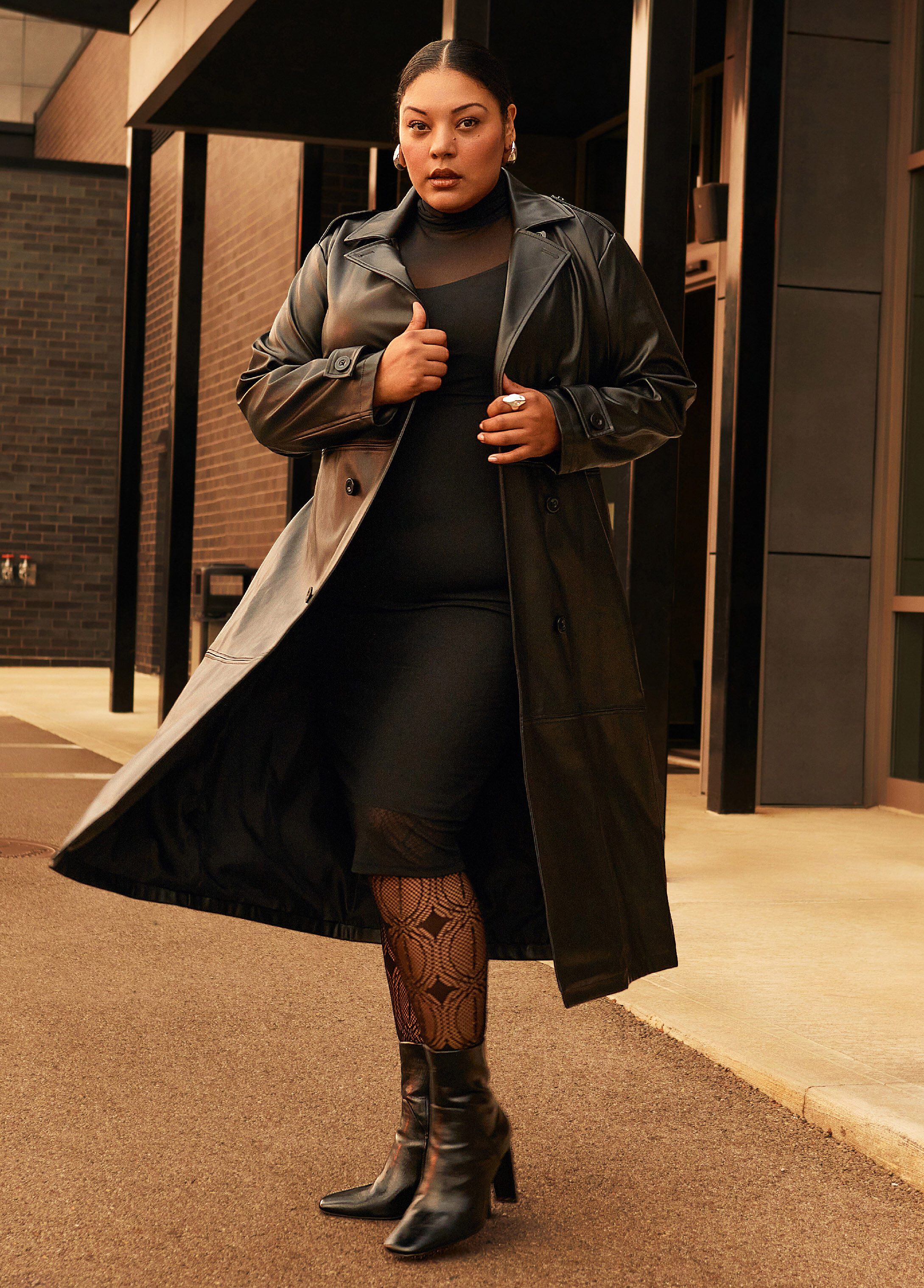 Plus Size Vegan Leather Belted Trench Coat Outerwear