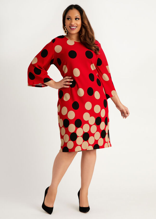 Plus Size Dot Colorblock Flare Sleeve Pique Knit Sexy Sheath Dress