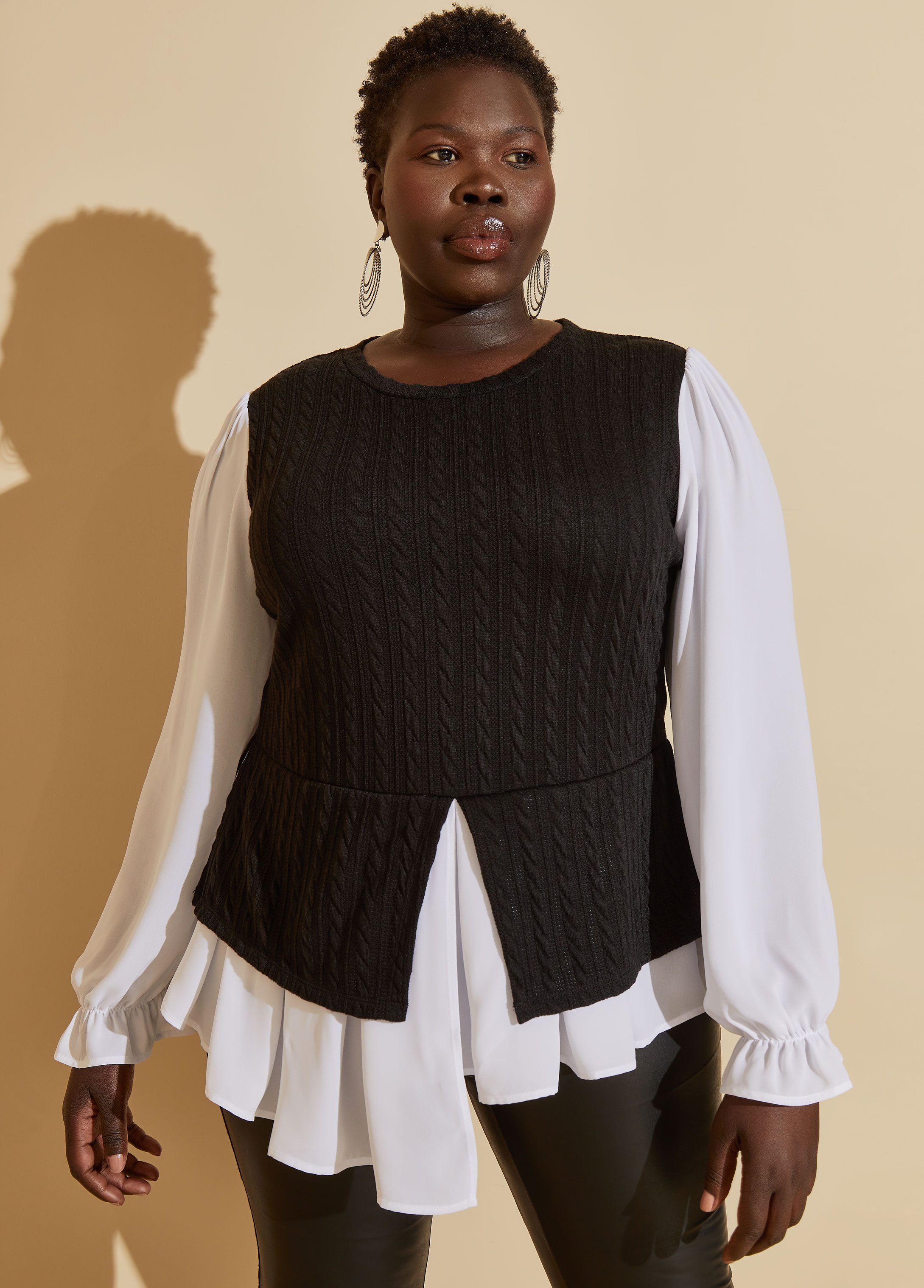 Plus Size Chic Long Sleeved Paneled Sweater Vest