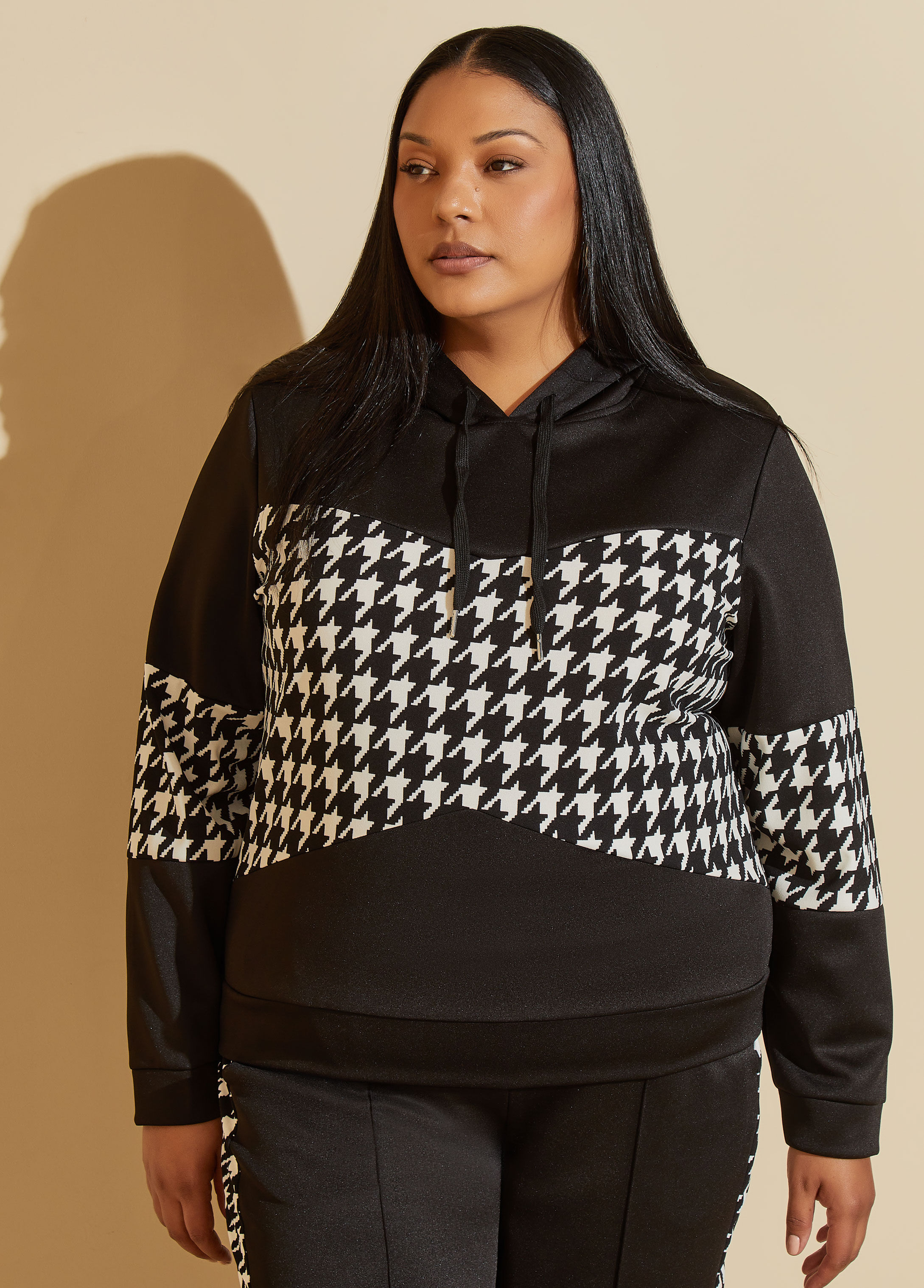 Plus Size houndstooth track jacket knit hoodie streetwear set fashion