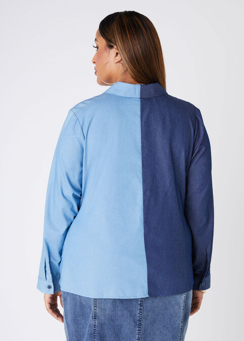 Ruched Two Tone Chambray Shirt, Denim image number 1