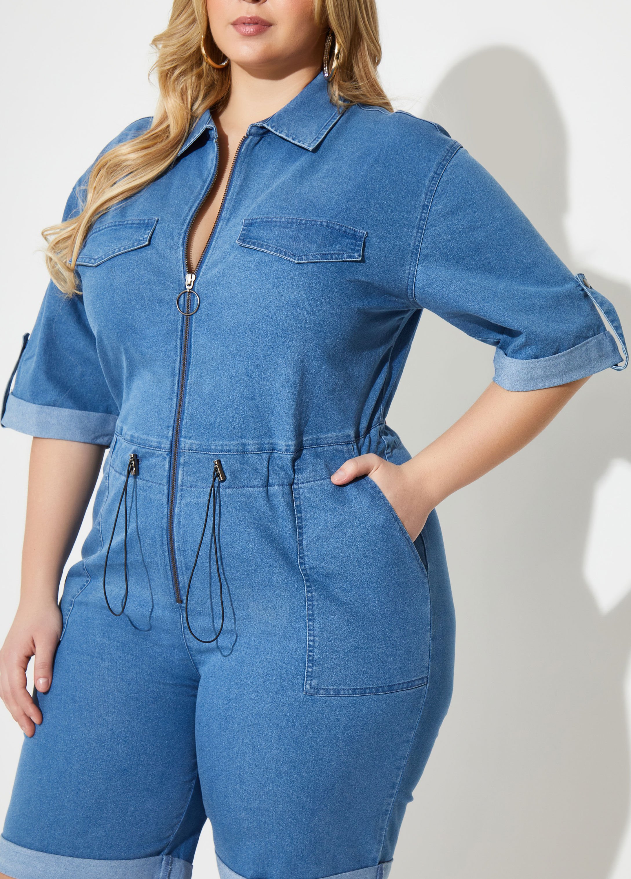 stretch denim romper