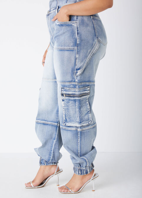 High Rise Denim Cargo Joggers, Blue image number 3