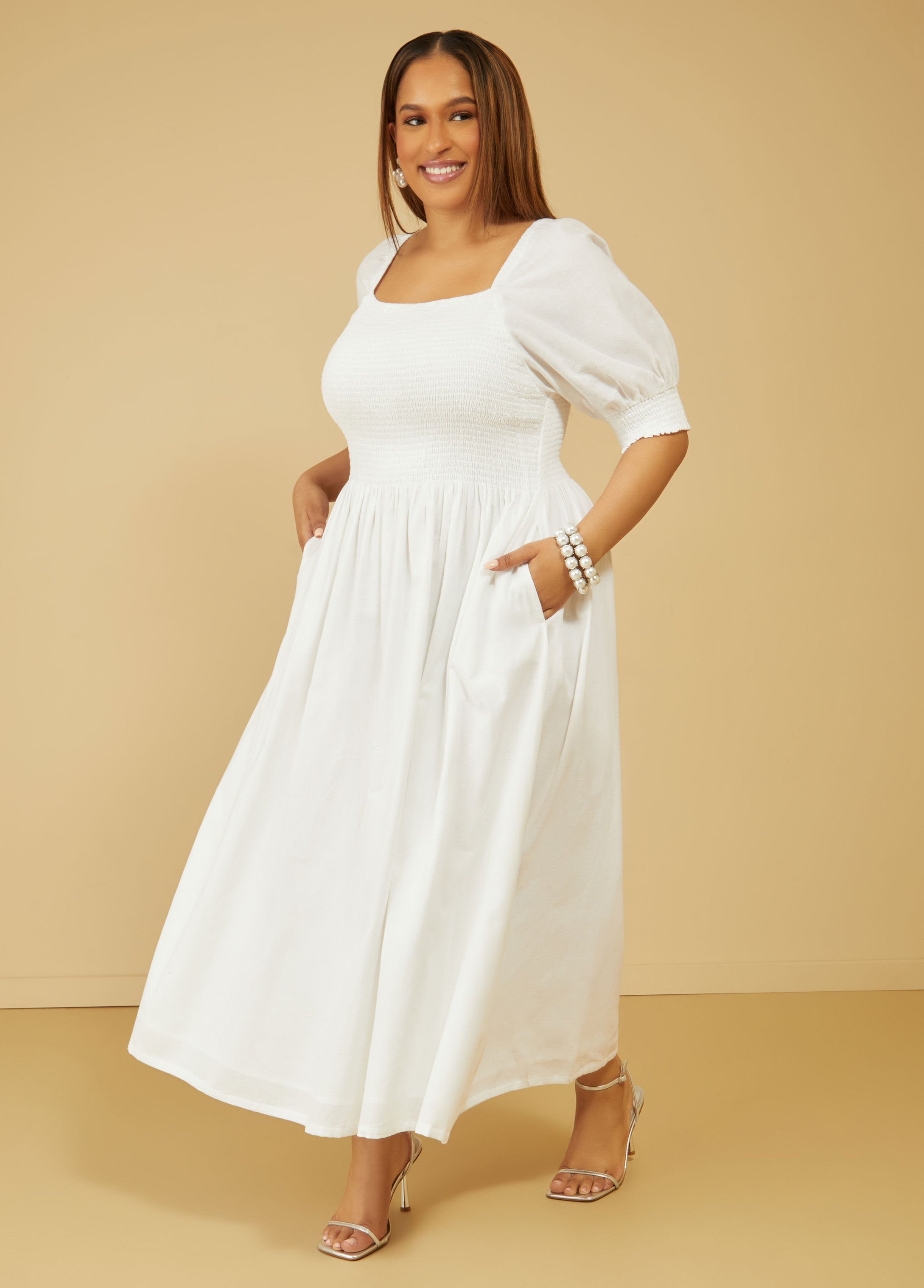 Shirred Linen Blend Maxi Dress