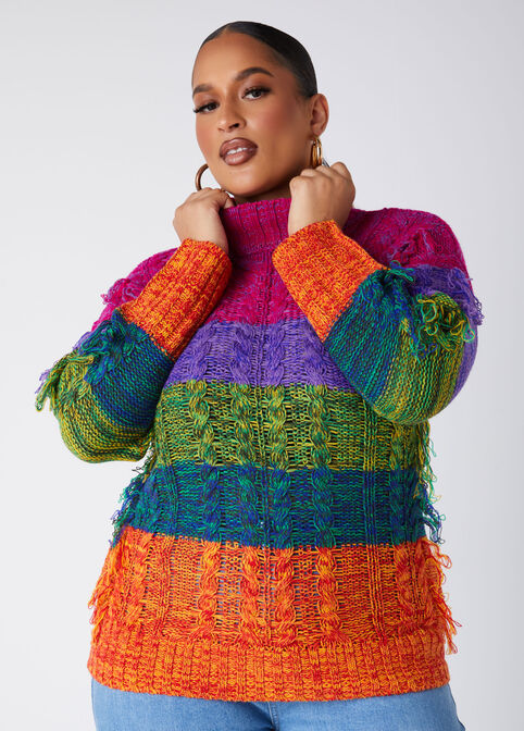 Fringed Rainbow Cable Knit Sweater, Multi image number 0