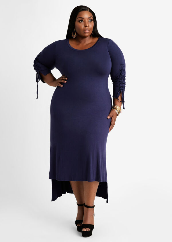 Plus Size Ruched Drawstring Sleeves Slit Accented Hi Low Maxi Dress