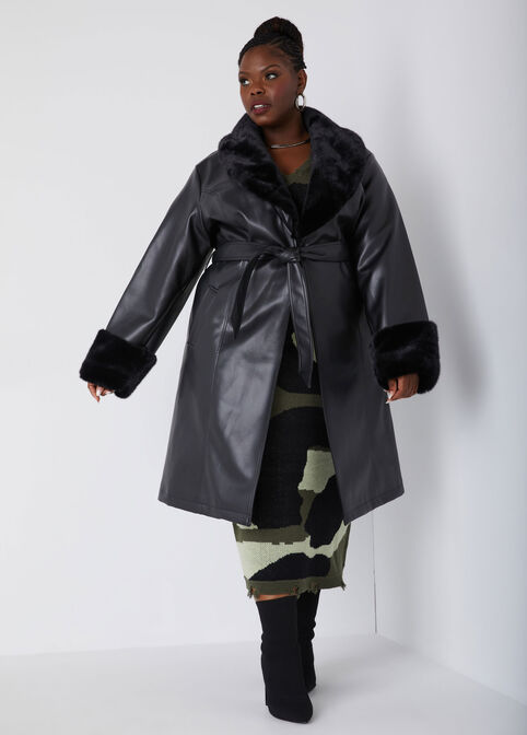 Faux Fur Trimmed Trench Coat, Black image number 0