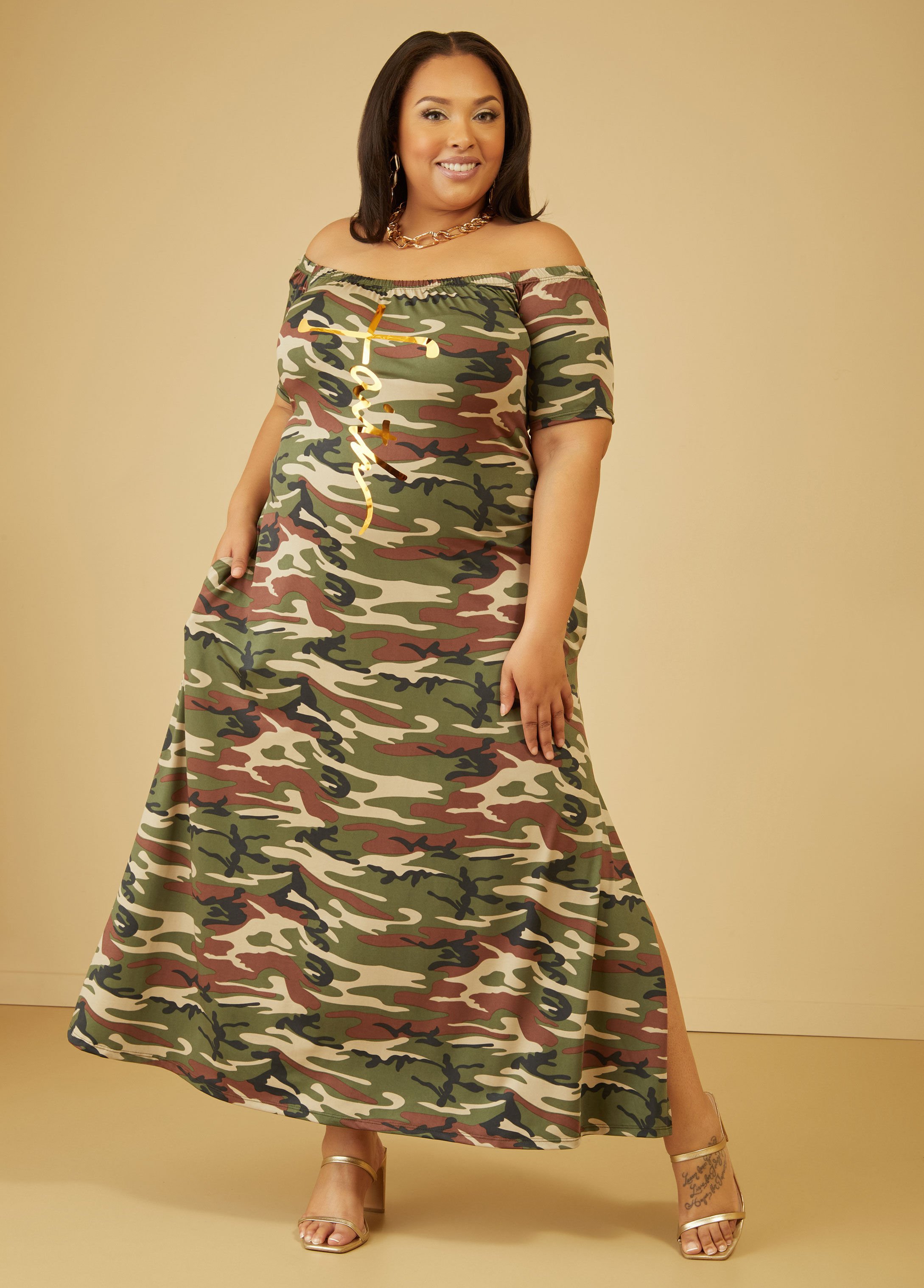 Faith Off The Shoulder Camo Dress