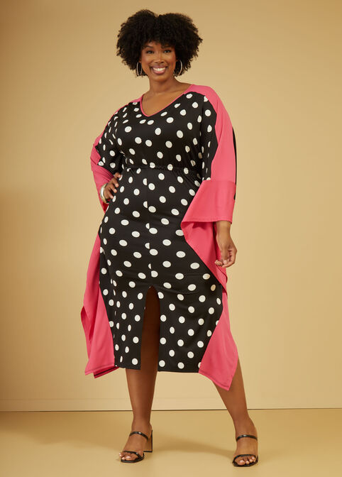 Polka Dot Split Front Kaftan Dress, Black White image number 0