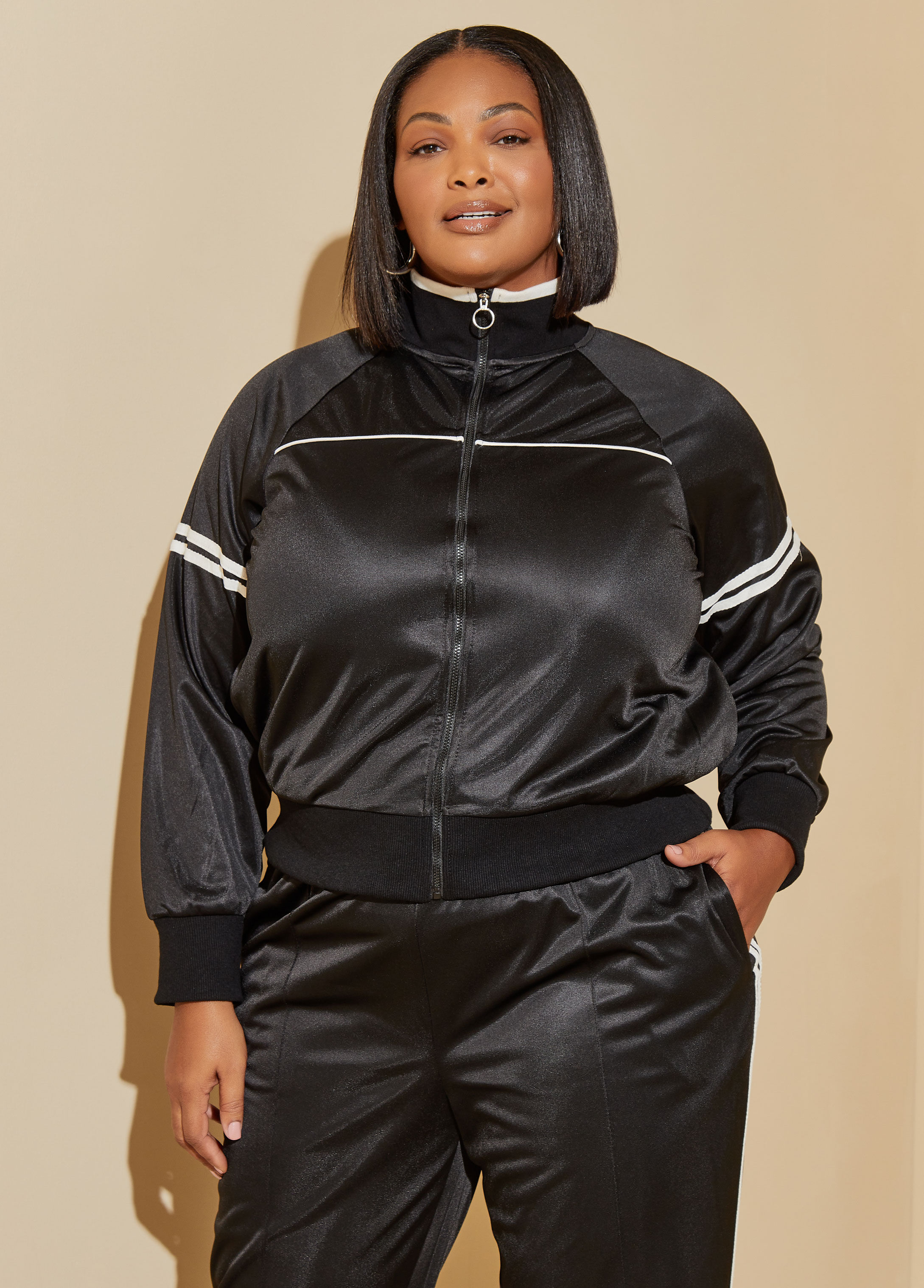 Plus Size Striped Cropped Track Jacket 80s 2000 fashion Y2K Streetwear