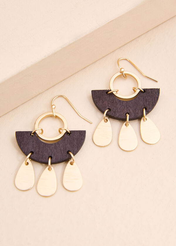 Wood And Gold Tone Earrings, Brown image number 1