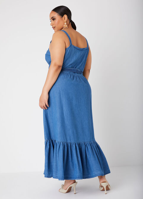 Flounced Chambray Maxi Dress, Dk Rinse image number 1